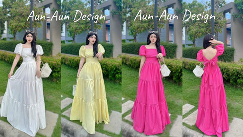 Square Neckline Puff Sleeves Flounce Long Dress